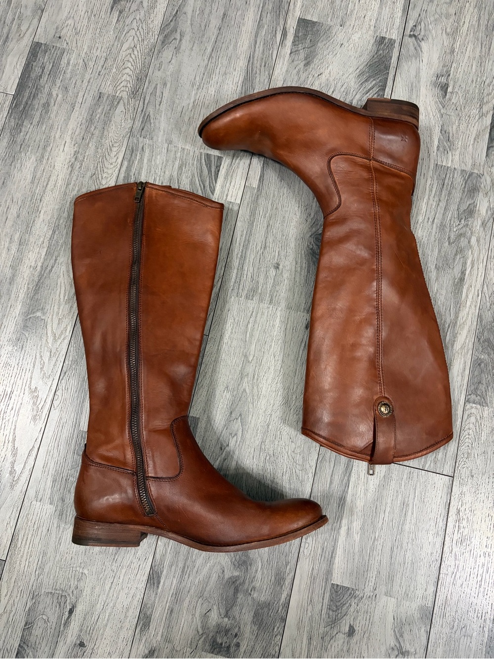 Frye Melissa Button Cognac Tan Leather Zip Riding Boots Sz 9.5 B